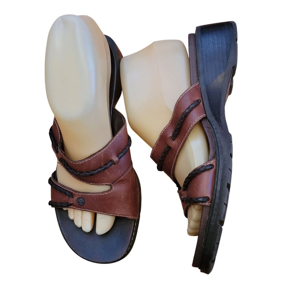 Timberland 7.5M Brown Leather Sandals Smart System Slides Wedges 6203 Comfort